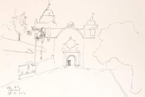 day 47 Carmel Mission Basilica, 21 x 29,5 cm, Kohle auf Papier
